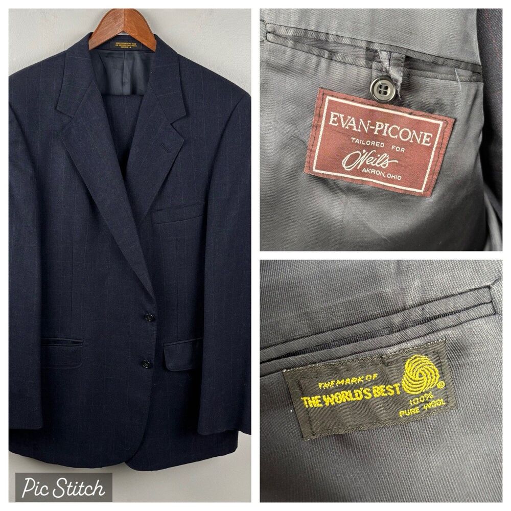 Vintage Evan Picone Mens Blue Wool Pinstripe 2-Piece Suit 44R Jacket 38x28 Pant
